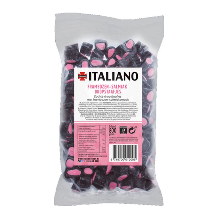 Italiano | Frambozen Salmiak Dropstaafjes | 800 gram