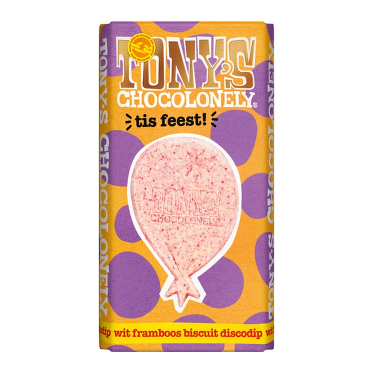 Tony's Chocolonely | Reep Feest | Wit Framboos Biscuit Discodip | 15 x 180 gram